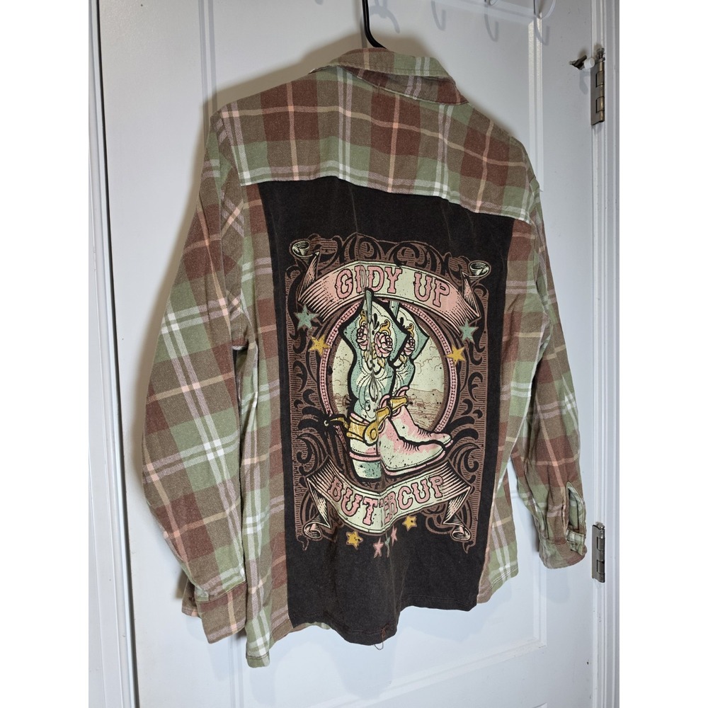 Altar'd State Women S Brown Green Pink Plaid Flannel Giddy Up Buttercup Graphic